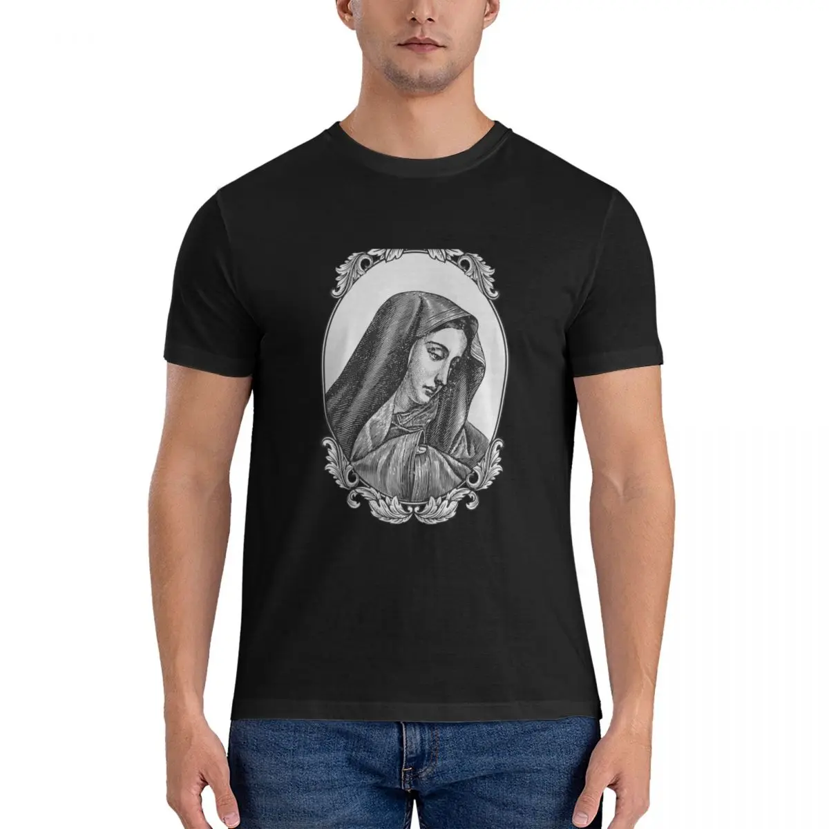 Vintage Virgin Mary Maria Portrait Daily Men's Basic Short Sleeve T-Shirt