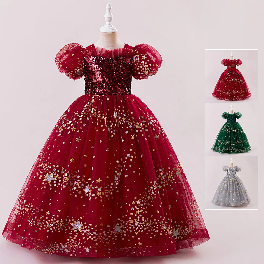 

Fashion Kids Sequin Clothes Flower Lace Dress For Girls Mesh Puff Birthday Party Formal Weddings Tulle Gown Princess Dresses