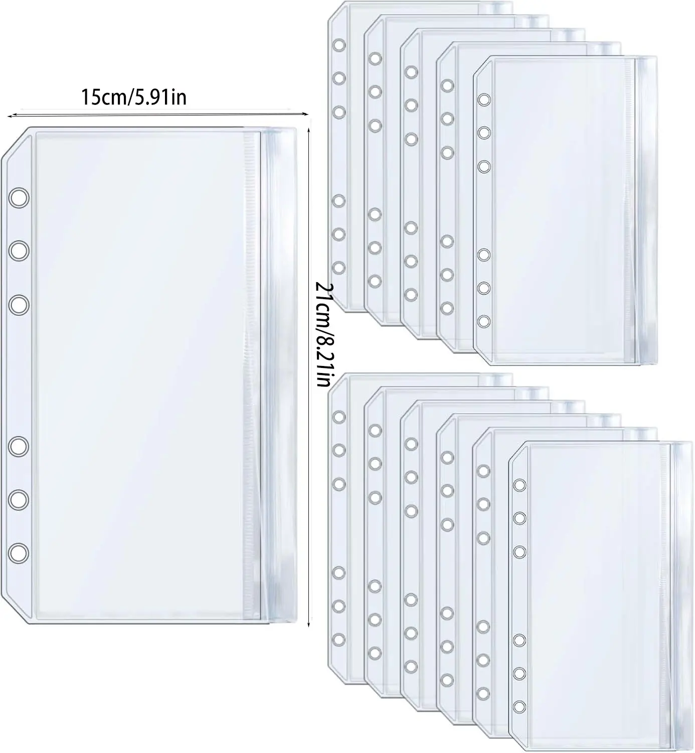 6-Pack A5 Cash Envelope File Folder Pouch Transparent PVC Material 6-Hole Double-Layer Pocket Flat-Seal Zipper Bag Compatible wi