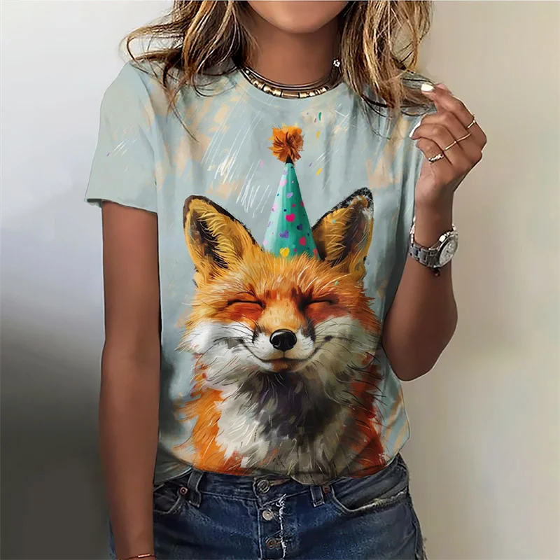 Women's T-shirt Oil Painting Fox Wearing Party Hat Graphic Print Crew Neck Short Sleeve Casual Holiday Summer Tee Women Clothing