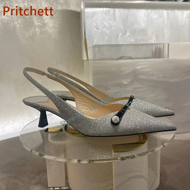 

Pearl Silvery Pointy Toe Sandals Mid Heel Slingback Solid Elastic Band Women's Shoes Summer Elegant Comfortable Party Shoes