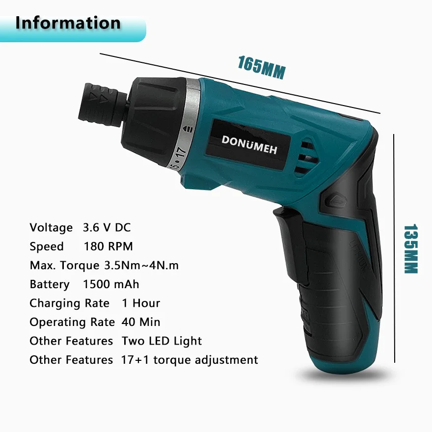 DONUMEH 3.6v Cordless Screwdriver Li-ion Battery Electric Screwdriver Power Drill Screwdriver For DIY Woodworking 19PCS Bits Set