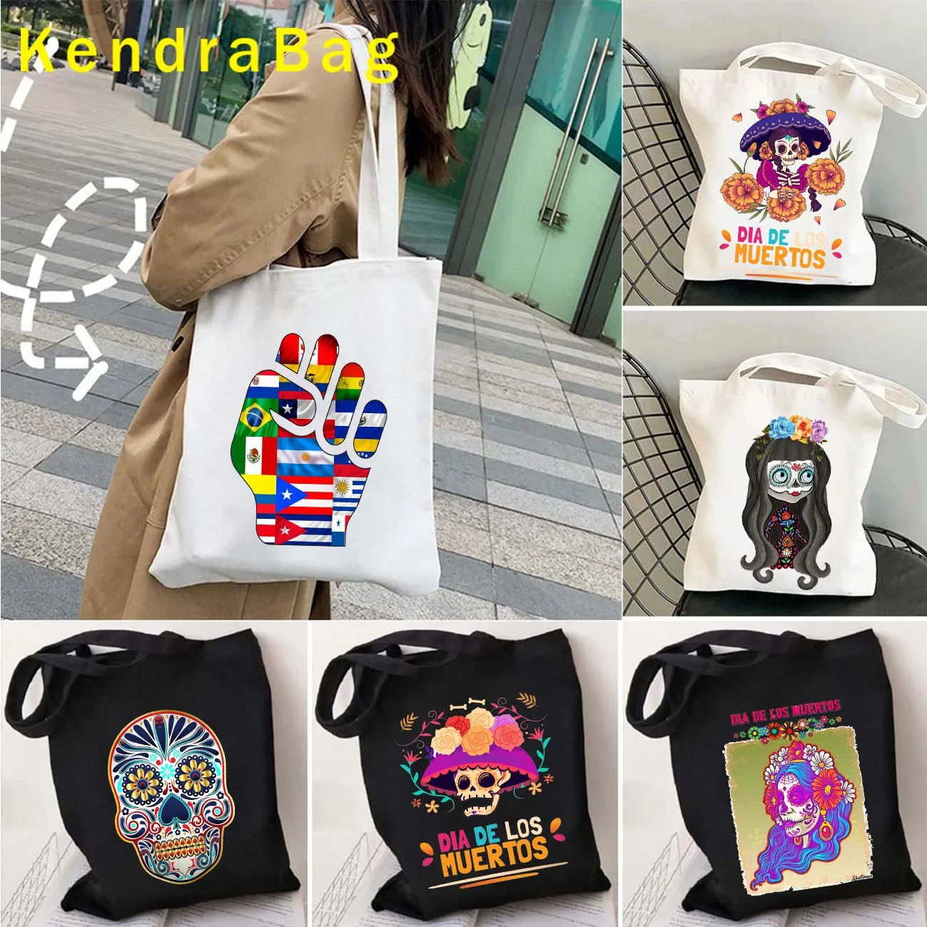 Flower Skull Dia De Los Muertos MEXICAN Colors Mexico Latin America Aztec Girl Halloween Shopper Canvas Tote Bags Cotton Handbag