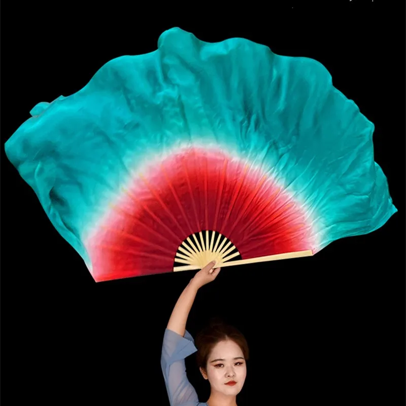 Red Green Double Side Silk Fan Veil One Pair Women Belly Dance Costume Accessory Extra Long Flowy Handmade 100% Real Silk 86cm