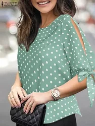 Zanzea Vrouw Casual Polka Dots Print Blouse Mode Vakantie Shirt Halve Mouw O-hals Tuniek Tops Elegant Feest Chemie Oversized