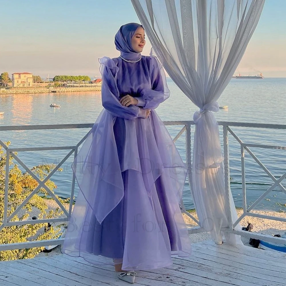 

Modern Purple Soft Tulle Organza Muslin Evening Dresses for Women Full Sleeve Ankle Length Robe De Soirée 2024 Prom Gowns