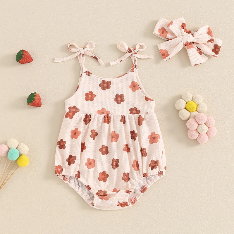 Baby Girl Summer Romper Cute Floral Strawberry Print Sleeveless Tie Strap Bodysuit Newborn Playsuit