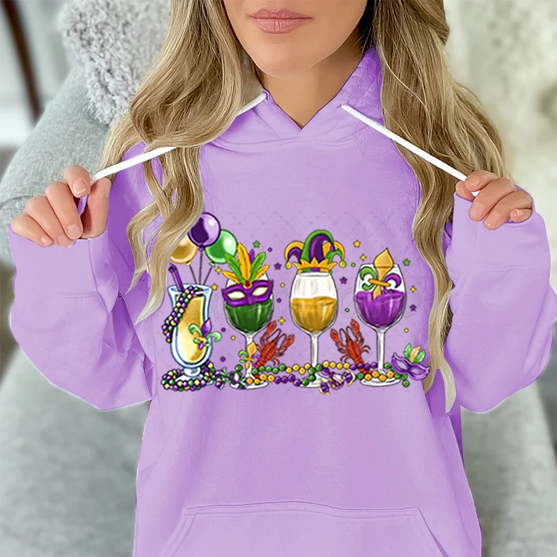 Mardi Gras Drinking Party Classic Hoodie Female Fat Tuesday Wine Cartoon Pullover Hoodies Mardi Gras Drink Casual Woman Clothing