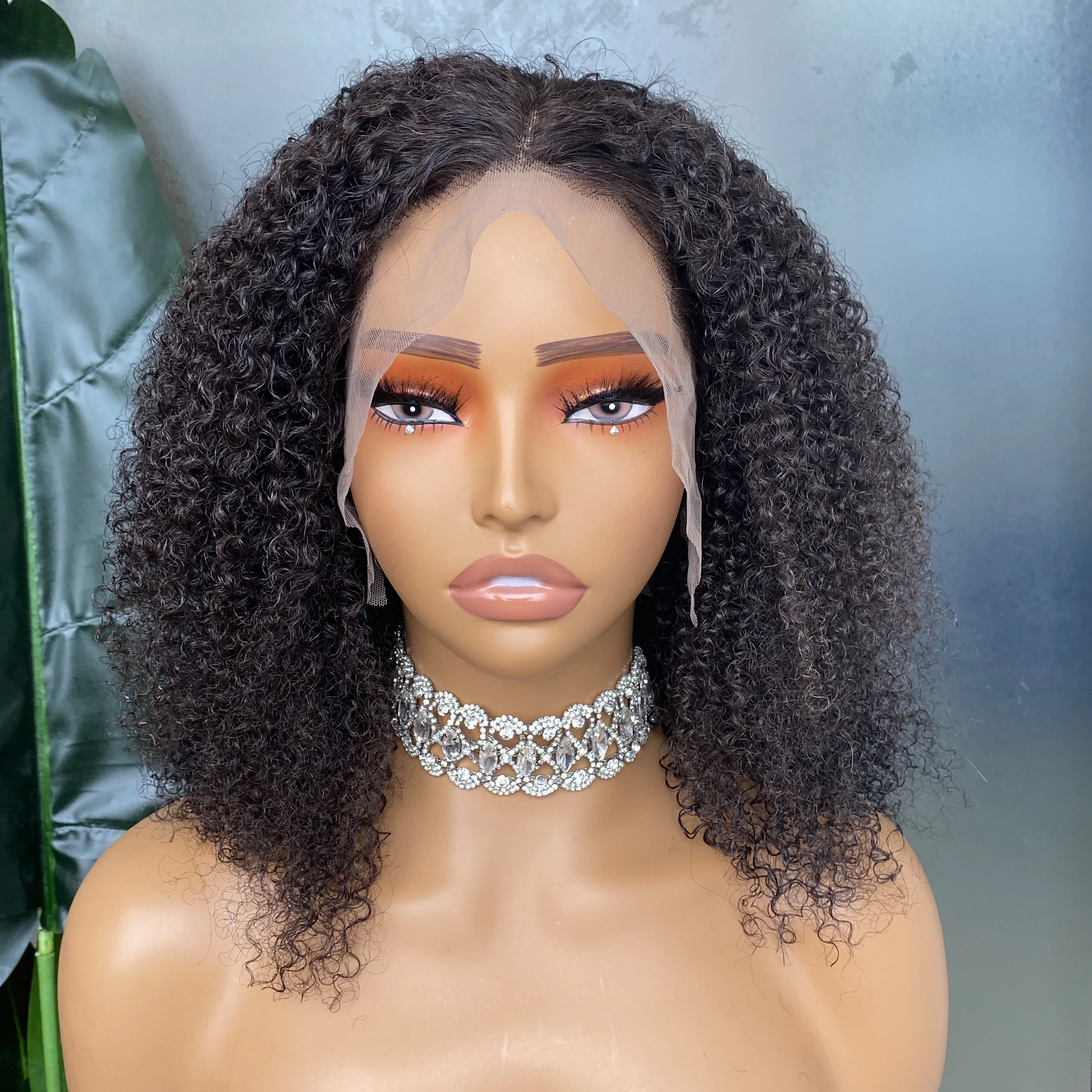 

Remy Human Hair Natural Black Kinky Curl Afro Curl 13x4 Brown Lace Closure Wig 12 Inches