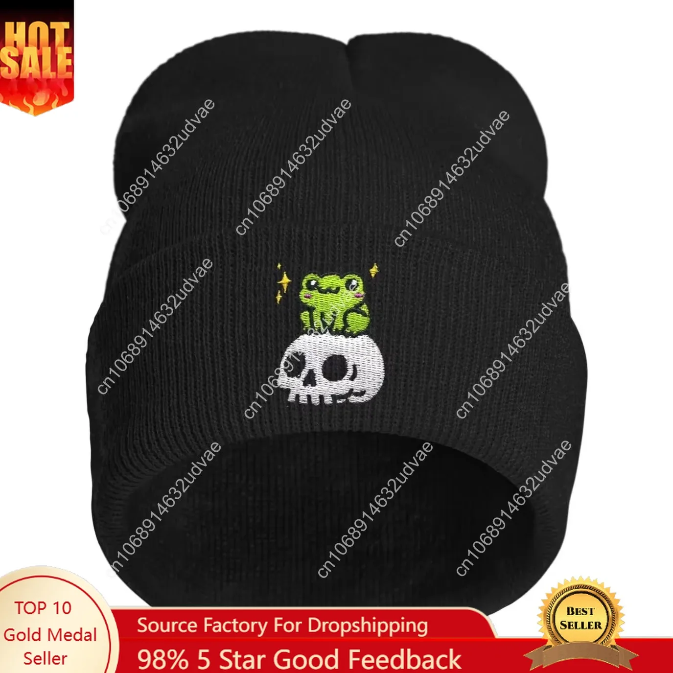 

Cute Frog Skeleton Embroidered Beanie Knit Hat for Men Women, Halloween Goth Graphic Winter Black Skull Cap