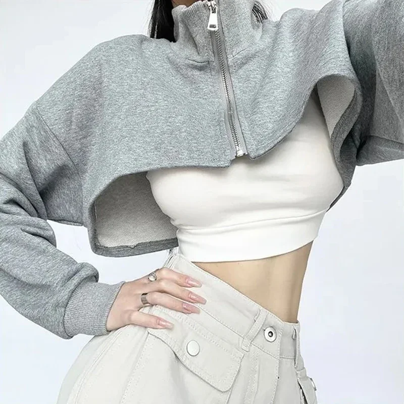 سترة نسائية مثيرة ملابس الشارع الشهير سترة نسائية كورية قصيرة بسحّاب معاطف غير رسمية بأكمام طويلة ملابس نسائية #6