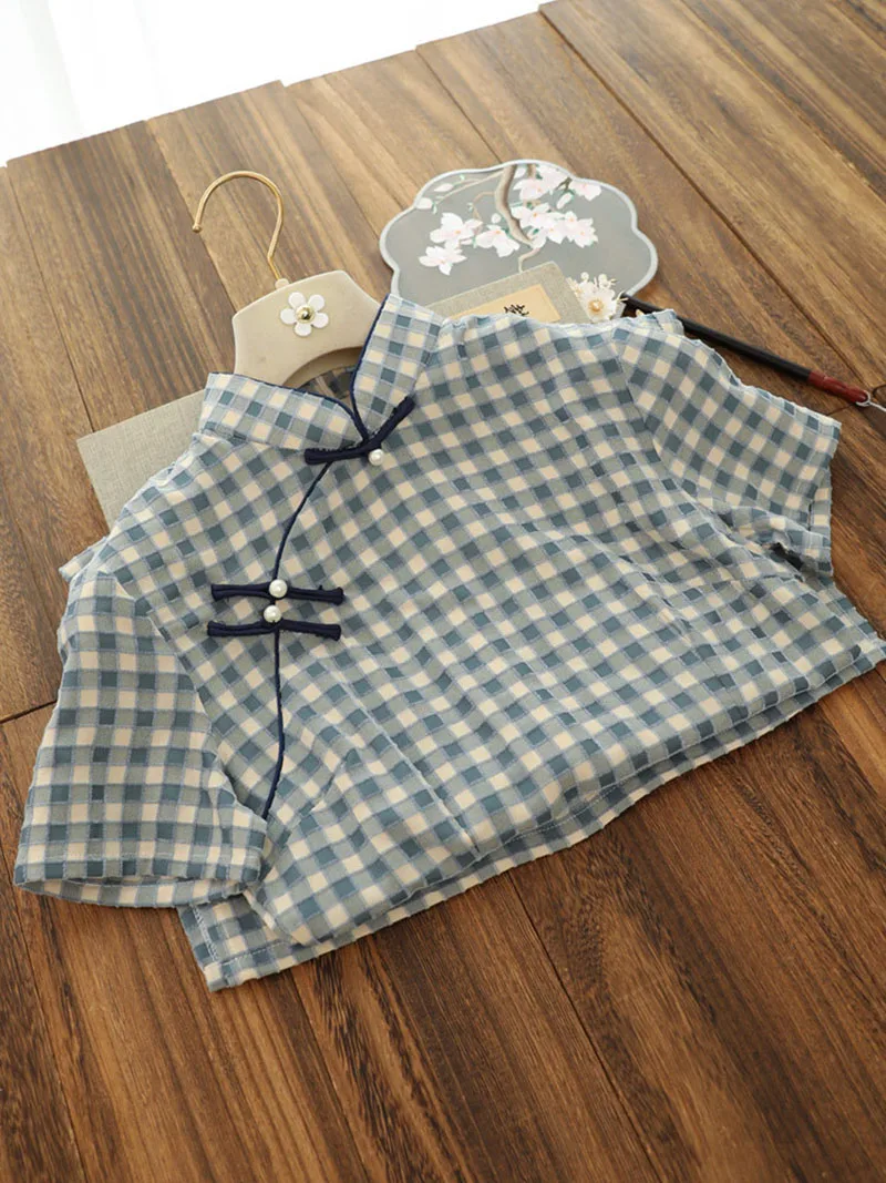 

Women Blue Plaid Short Cheongsam Short Sleeve Vintage Dress Slim-fit Elegant Costumes Chinese Style Qipao S To XXL