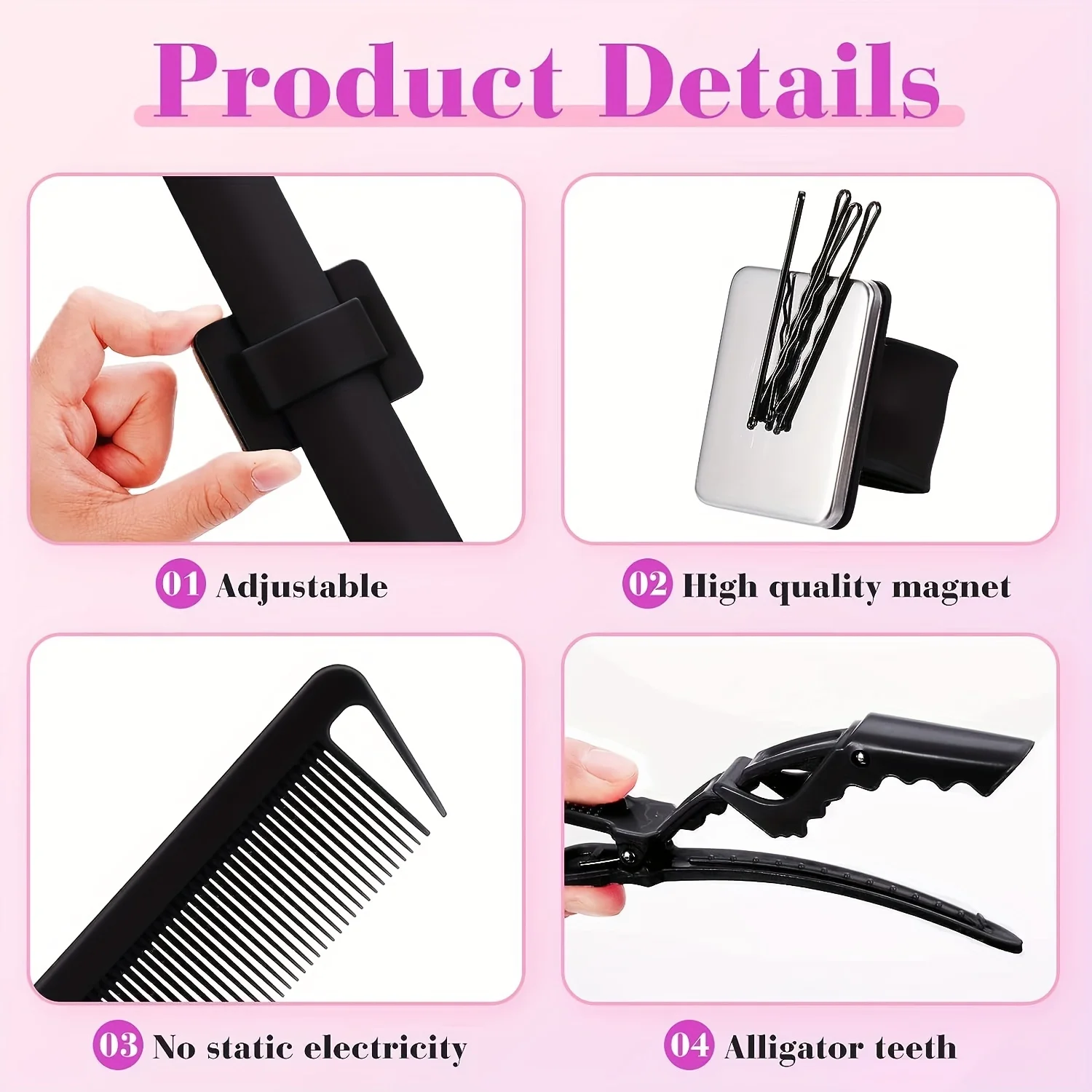 Styling-Set mit magnetischem Haarkamm und Handgelenksband, 2 Edelstahl-Haarkämmen mit spitzem Ende und 4 Krokodilklemmen, Haar-Flechtwerkzeug – Detail 5