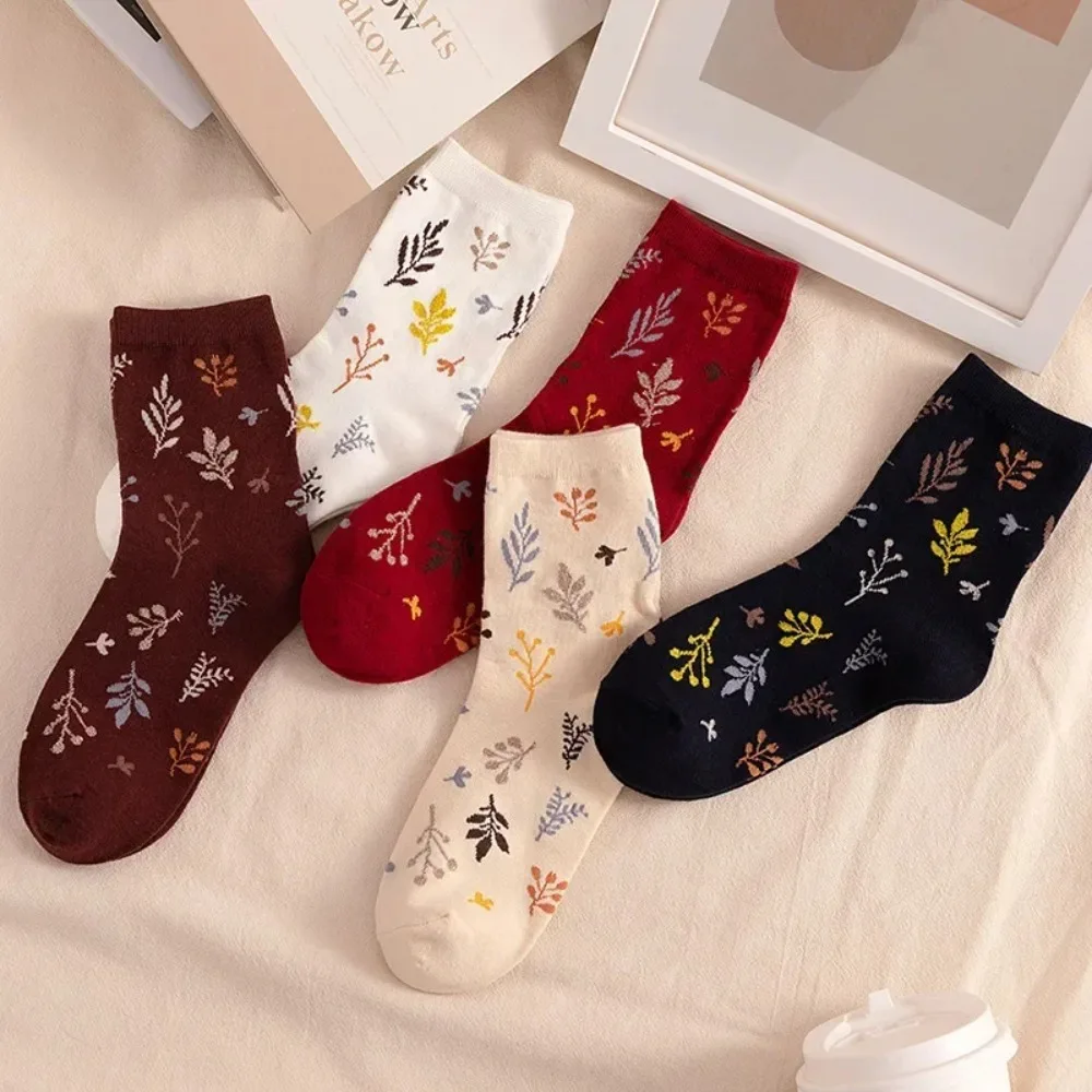 Crew Socks Women Cotton Warm Japanese Korean Retro Metallic Sweet Print Mid Tube Harajuku Autumn Winter Thick Soft School Casual