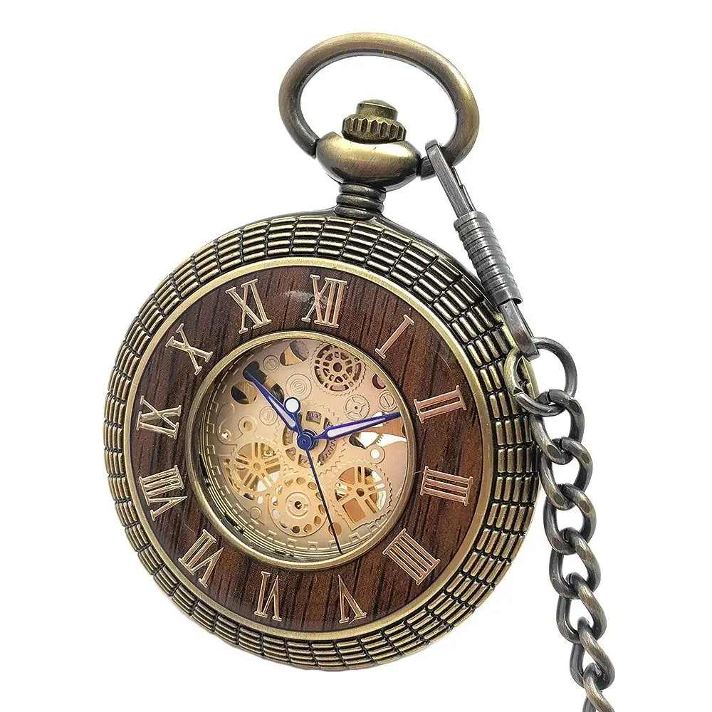 

Luxury Wood Bronze Mechanical Hand Winding Pocket Watch Roman Numerals Display Dial Half Hunter Manual Pocket Pendant Clock New