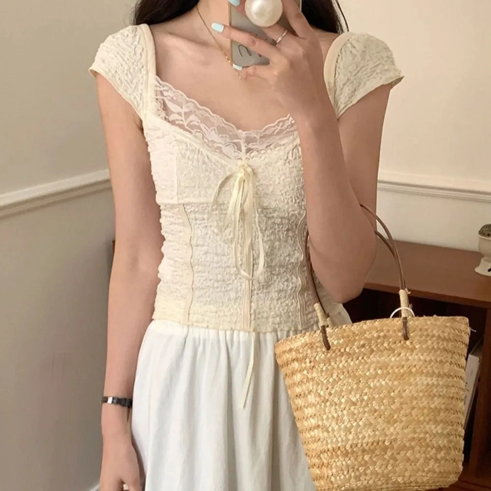 

Ins Sweet Slim Crop Top Korean Style Bottoming Shirt Short Sleeve T-shirt Female Clothing Spicy Girl Lace Bow T-Shirt Women Girl