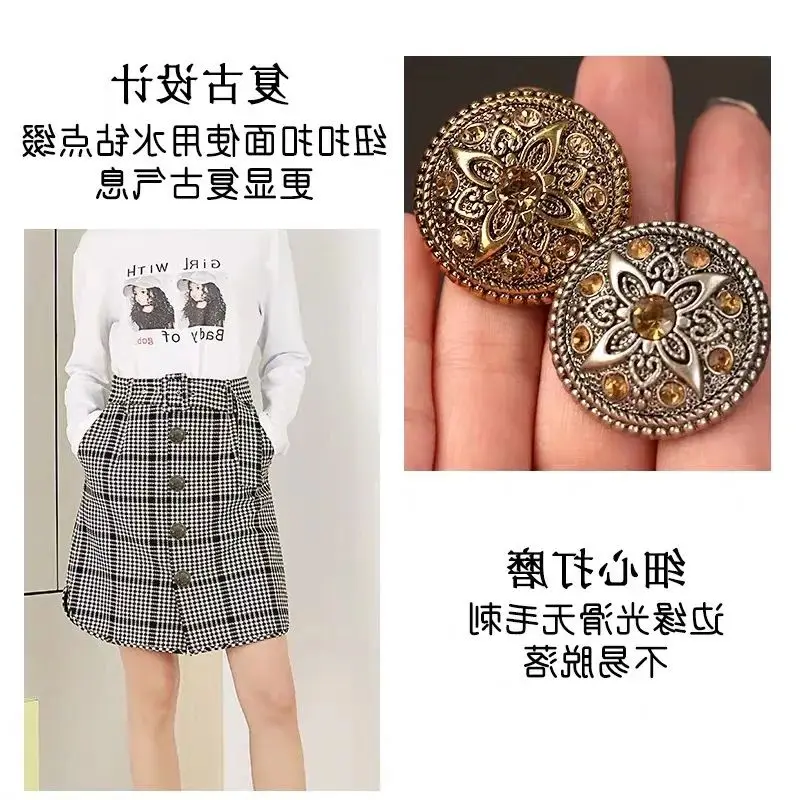 Fashion Metal Yellow Rhinestone Button Vintage Ladies Knitwear Suit Coat DIY 6PCS/Lot Decorative Round Buttons