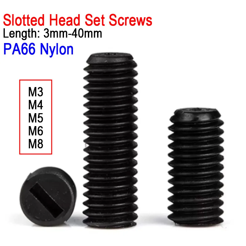 20~100Pcs Black Nylon Slotted Flat End Headless Set Screw Grub Bolt M3‑M8 Plastic Insulated No‑Head Fastener Length 3‑40mm