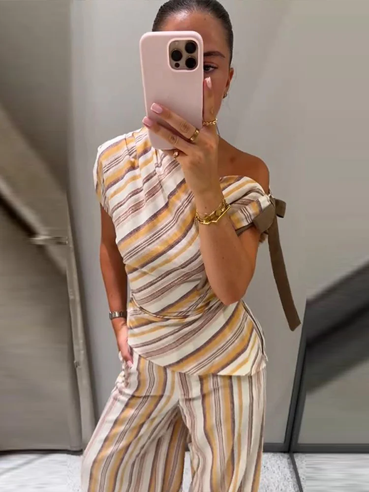 Leinen-Set mit gestreiftem, tailliertem Oberteil und Hose für Damen, sexy One-Shoulder-Oberteil mit Schnürung, plissiert, schmal geschnitten, weit geschnittene Hose, schickes Damen-Outfit – Detail 14