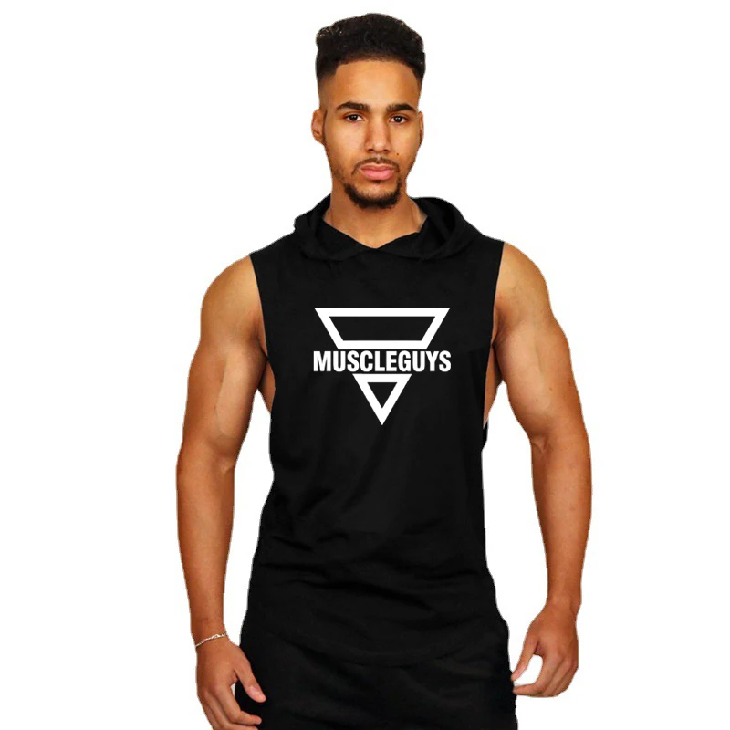 Mens Athletic Sleeveless Hoodie Cotton Curved Hem Tank Tops Workout Gym Muscle Shirt Hooded Running Vests Sportwear Men
