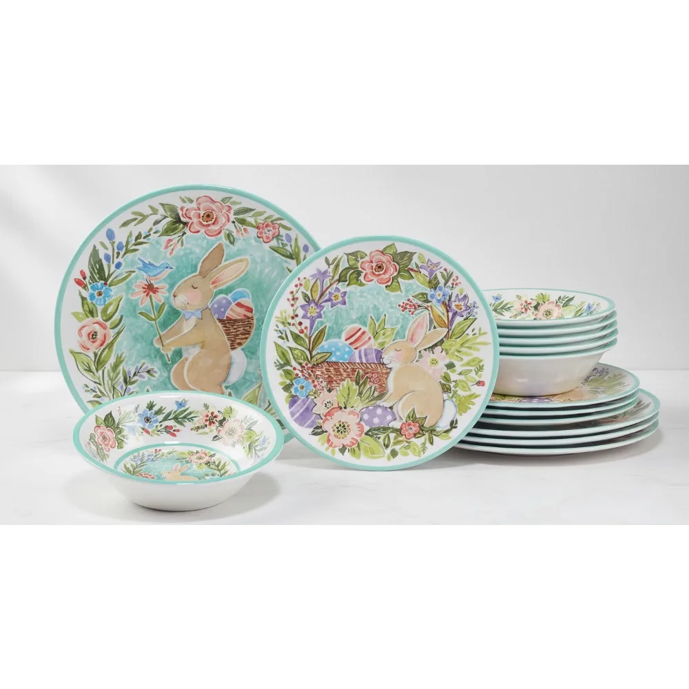

Пасхальный меламиновый набор посуды из 12 предметов на 4 человека, красочные прочные тарелки и миски, развлекательный в помещении и на открытом воздухе