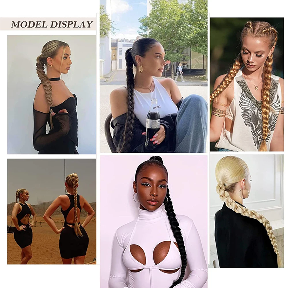 DIY Ponytail Extensions Synthetic Boxing Braids Wrap Around Chignon Tail With Rubber Band Hair Ring 34inch Black Braid