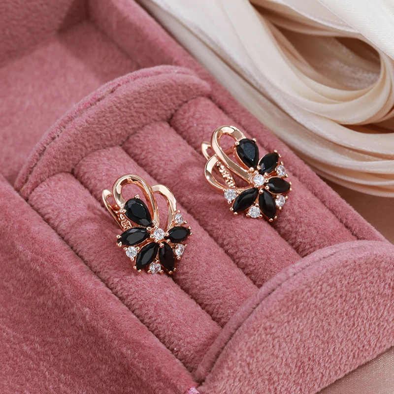 SYOUJYO Black Natural Zircon Flower Shape Stud Earrings For Women 585 Rose Gold Color Fine Jewelry Trendy Earrings Luxury Gifts