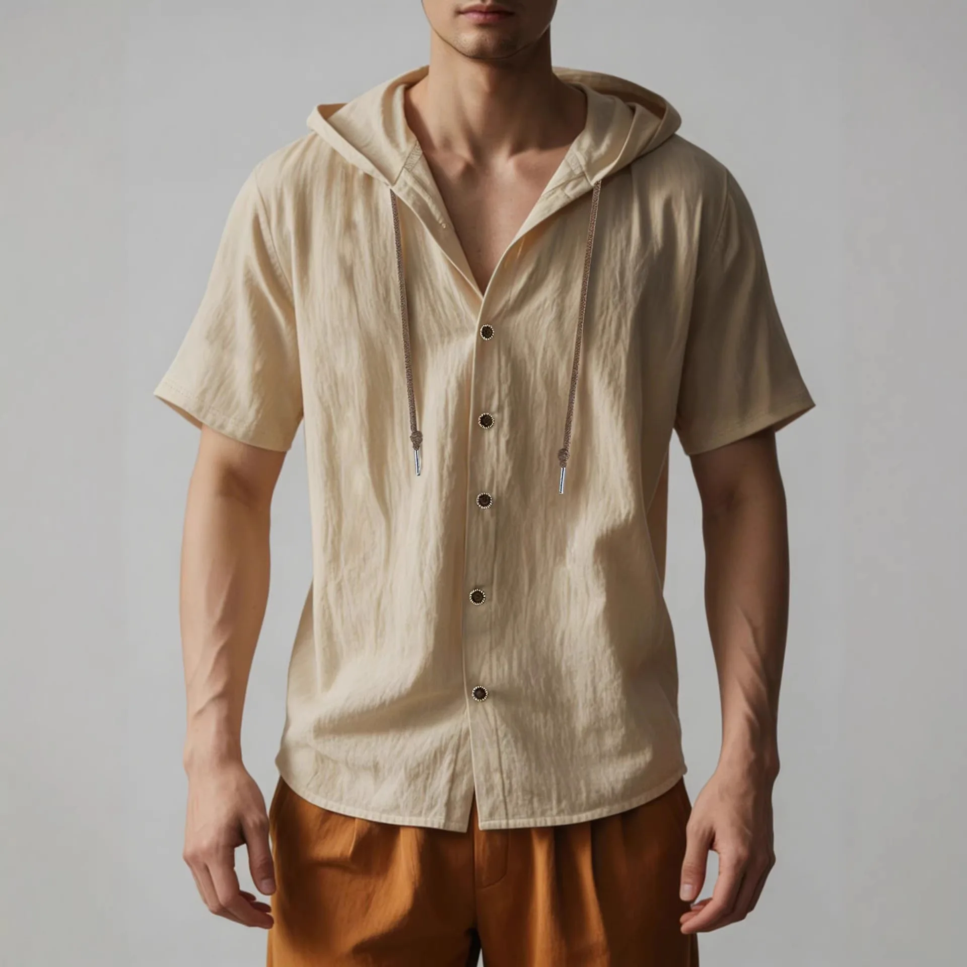 

Summer American Thin Solid Color Cotton and Linen Cardigan Loose Hooded Short Sleeve Shirt Men's Clothing