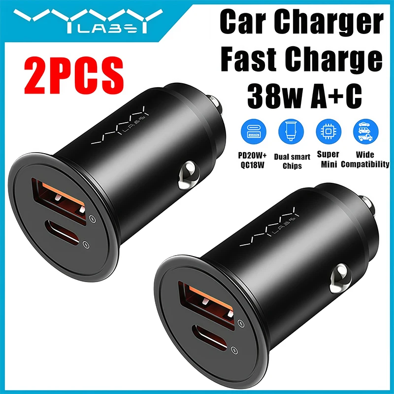 Vyvylabs 2PCS 38W USB-C Car Charger Dual Port Type-C USB Phone Charger Adapter Fast Charging for iPhone Xiaomi Samsung Huawei