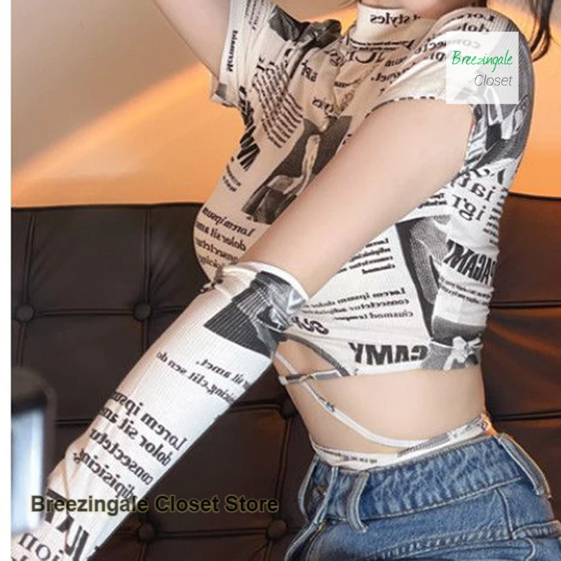 Koreańska koszulka z krótkim rękawem z seksownym nadrukiem dla dziewczynki z krótkim rękawem, wysokiej jakości, szykowna, obcisła koszulka z krótkim rękawem ze sznurkiem