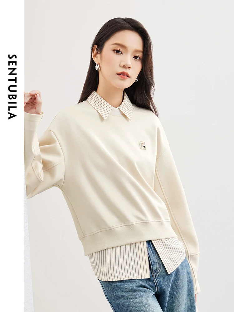 SENTUBILA Apricot Simple Round Neck Sweatshirt Woman 2024 Spring Straight Casual Pullovers Women\'s Long Sleeve Top 141A52744