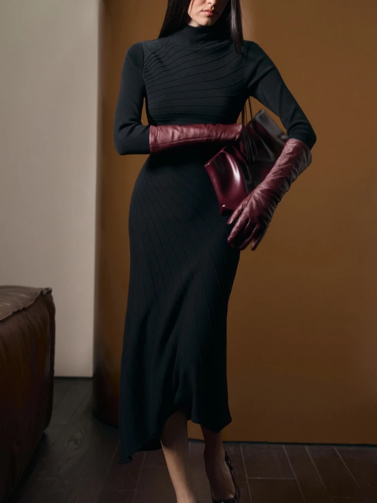 토시 패션 니트 비대칭 맥시 드레스 여성용 플리츠 솔리드 하이웨이스트 하프 하이 칼라 가을 니트웨어 여성 맥시 드레스