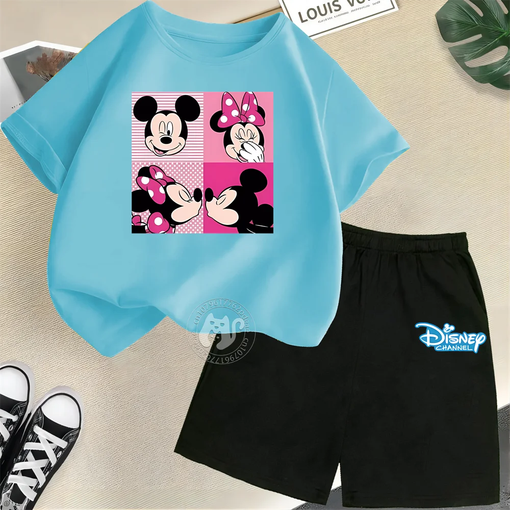 

Disney Teen Playful Mickey Minnie Print 100% Cotton Kids Crewneck Short sleeve T-shirt/Shorts Boys Girls Summer Comfort set