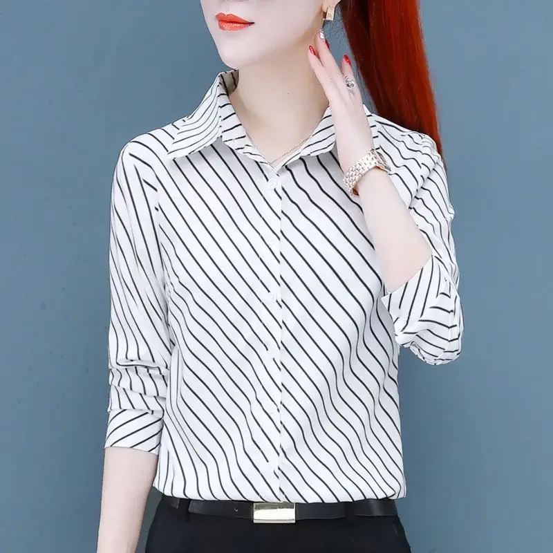 2023 Spring and Autumn Women\'s Polo Button Striped SlimCardigan Bottom Shirt Fashion Casual Elegant Commuter Long Sleeve Tops