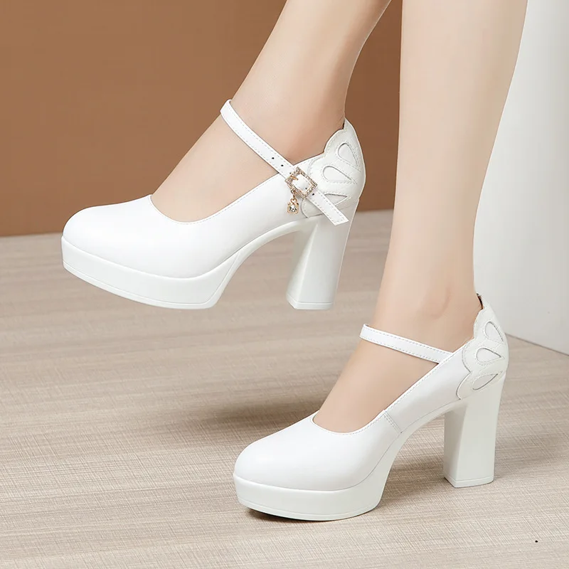 Small Size 32-43 Shallow Genuine Leather Shoes Women's Platform Pumps Fall 2023 Block High Heels Mary Janes for Office Mom