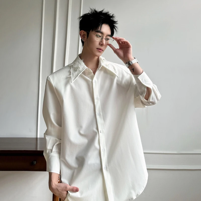 WTHT Fashion Men's Heavy Industy Spliced Flower Design Shirts Trendy Solid Color Lapel Casual Tops Male 2026 Summer 2A2845