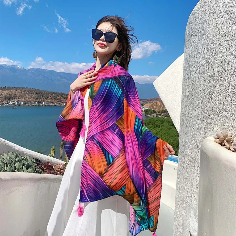 

Дышащий весенний шелковый шарф, длинный поглощающий пот платок с большим узором, легкий льняной шаль из пряжи в этническом стиле