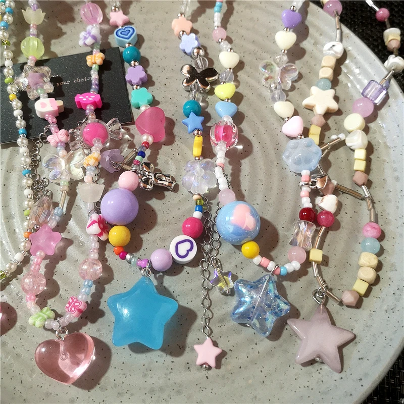Süße Harz rosa herzförmige blaue Stern Anhänger Candy bunte Perlen Halskette Harajuku Schmuck Y2K Charms Zubehör Dekorationen
