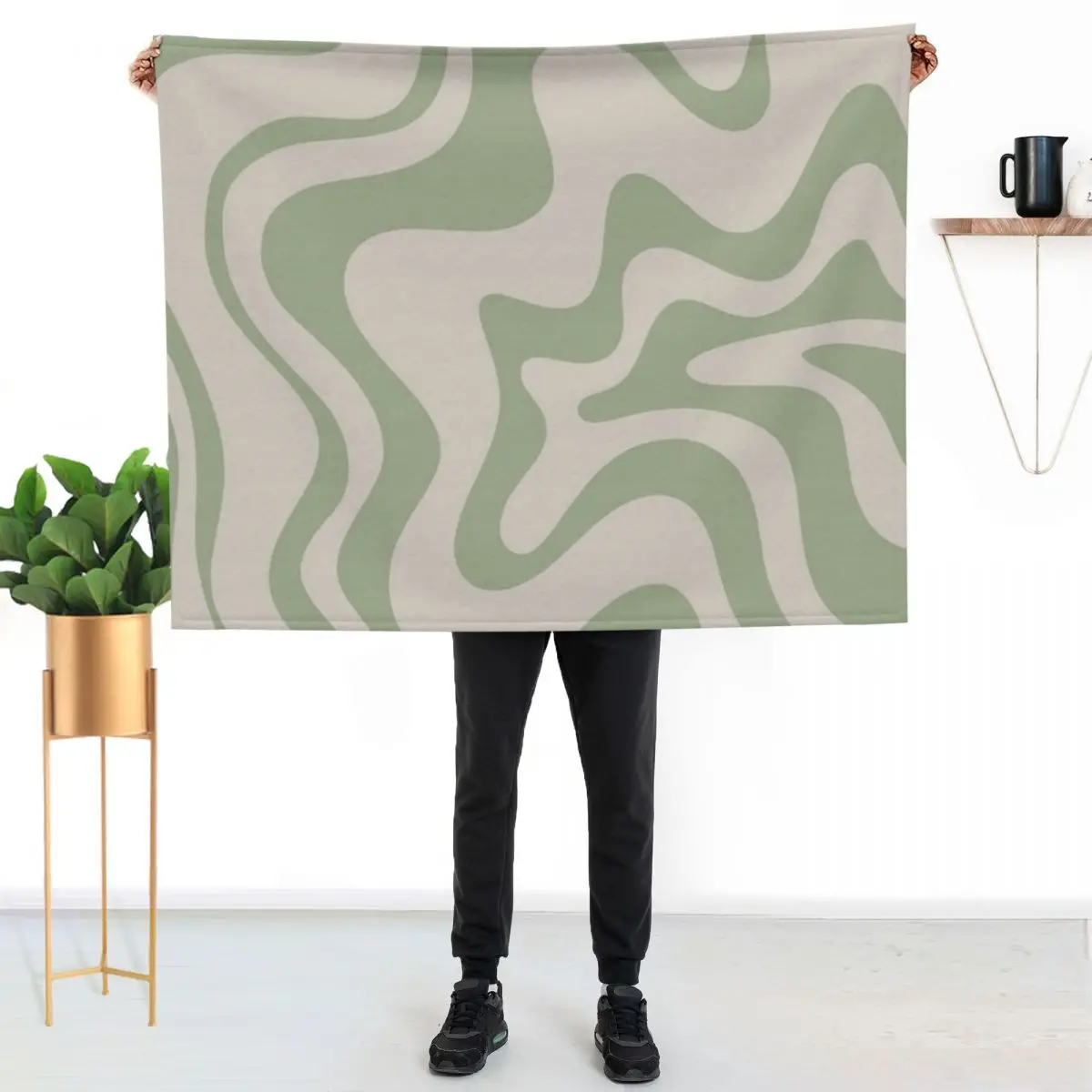 Liquid Swirl Contemporary Abstract Pattern in Sage Green and Beige Throw Blanket Stylish Couch Blanket for Home Living Room