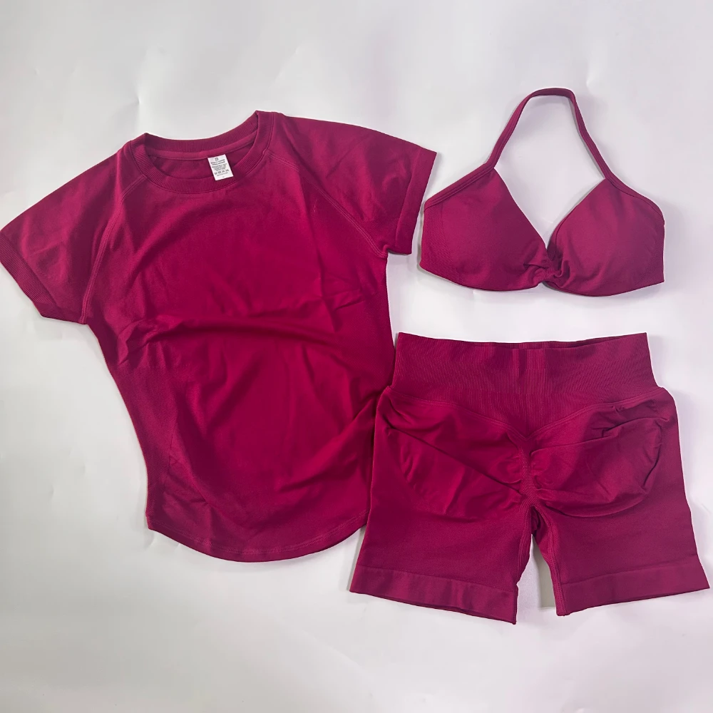 3-teiliges Workout-Set für Damen: Sport-BH mit Trägern + Sport-Top mit langen Ärmeln + Yoga-Shorts, Sportanzug, Yoga-Kleidung, Fitness-Outfit – Detail 24