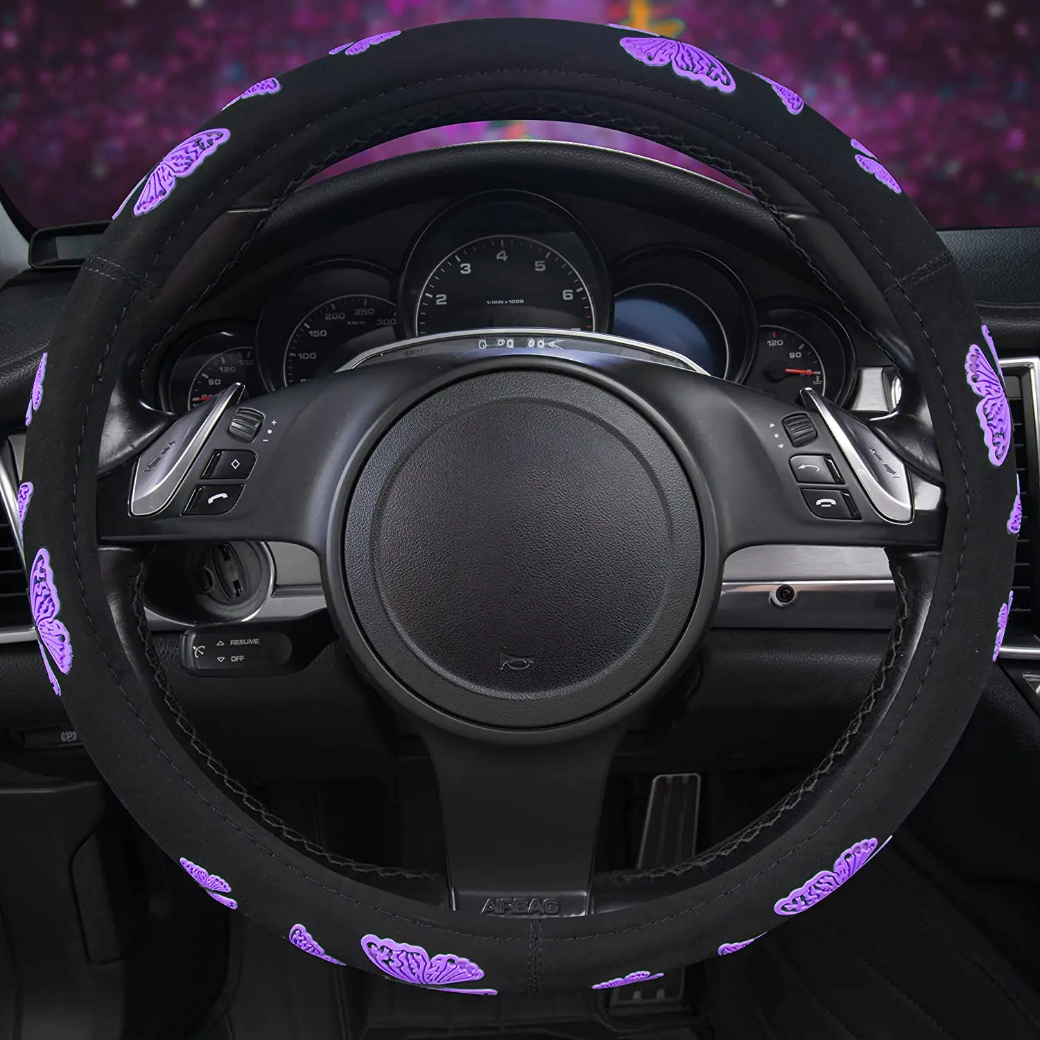 Car Purple Butterfly Steering Wheel Cover Universal Fit for Suvs Trucks Sedans Cars for Cute Women Girly Black and Purple