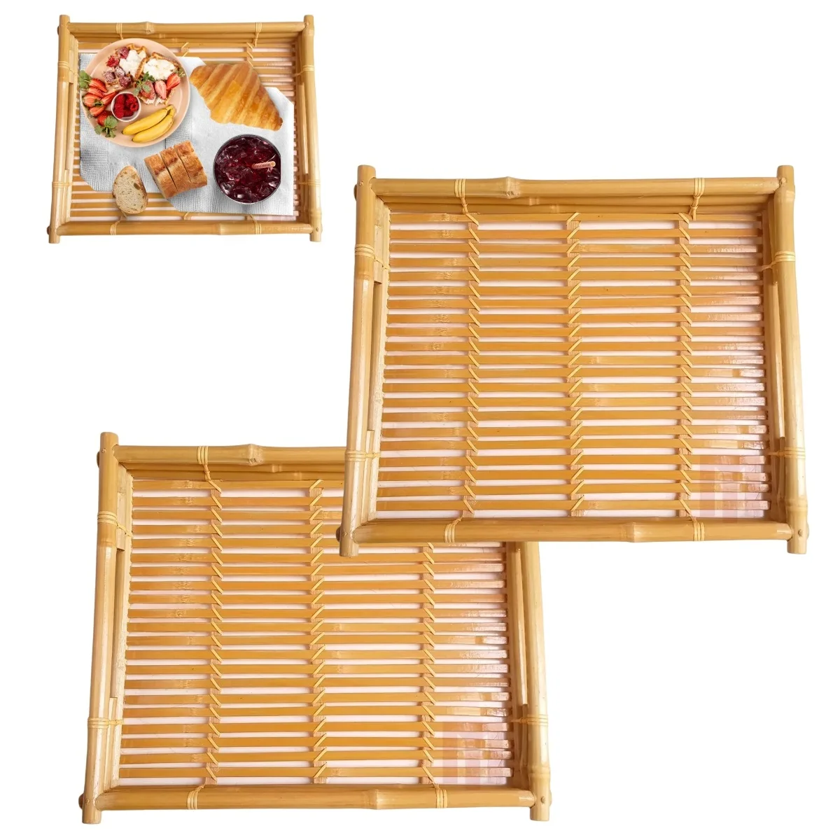 2 Trays Handmade Bamboo Rectangular Serve With Handle 37cm