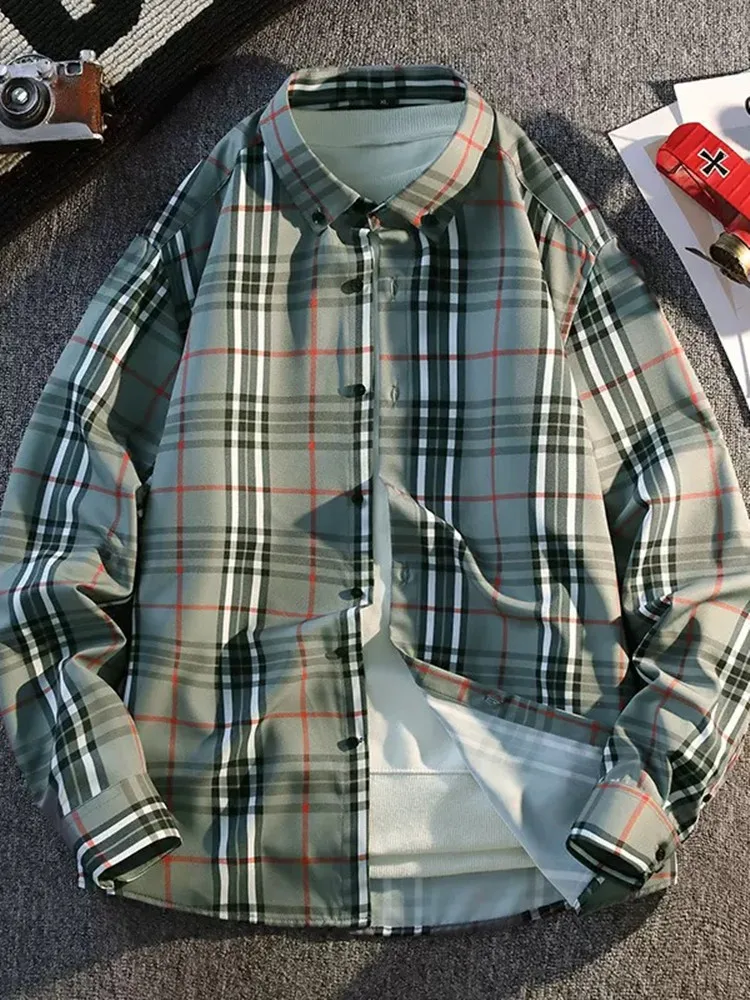 New Spring/Autumn Fashion Trendy Comfortable Breathable Plaid Long Sleeve Shirt Men's Casual Loose Fit Sports Plus Size Shirt