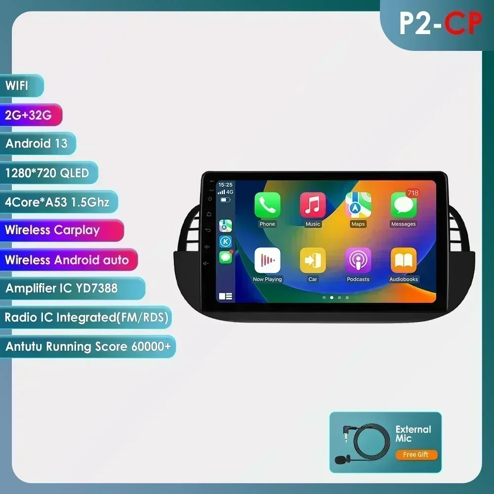 Hizpo 9 inch draadloze CarPlay Android Auto autoradio voor Fiat 500 Abarth 2007-2015 Multimedia draadloze Apple CarPlay slimme intelligente systemen IPS touchscreen stereo videospeler 2 Din autoradio