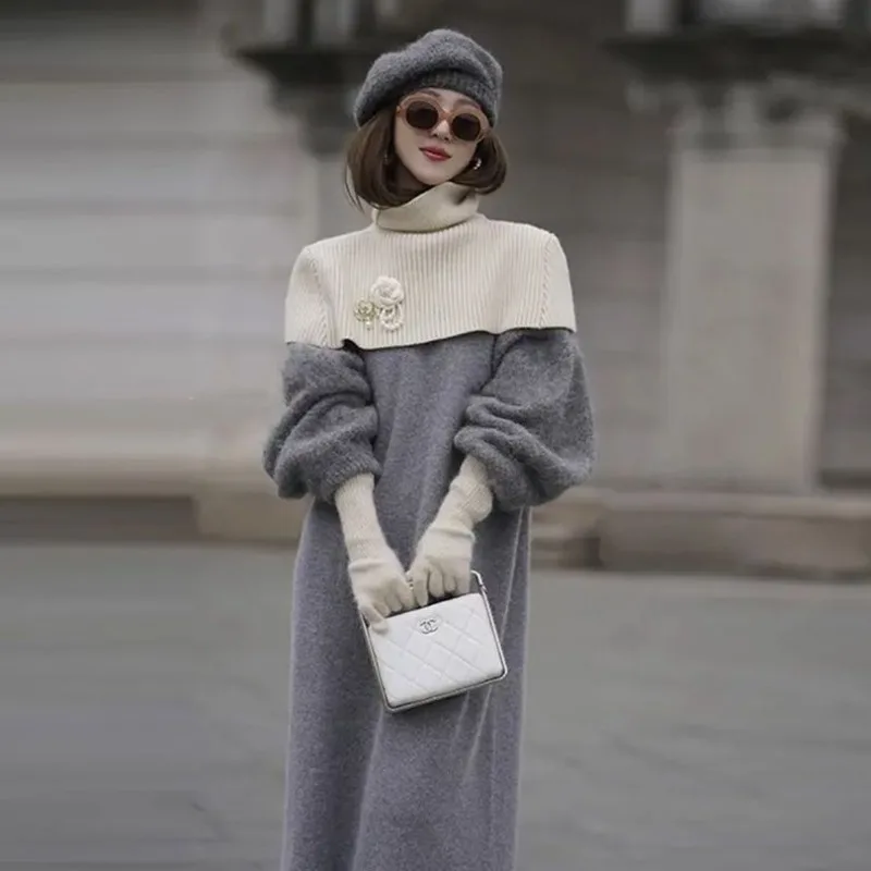 

Chic Temperament Socialite High-end Lantern Sleeves Woolen Dress Women's Two-piece Set