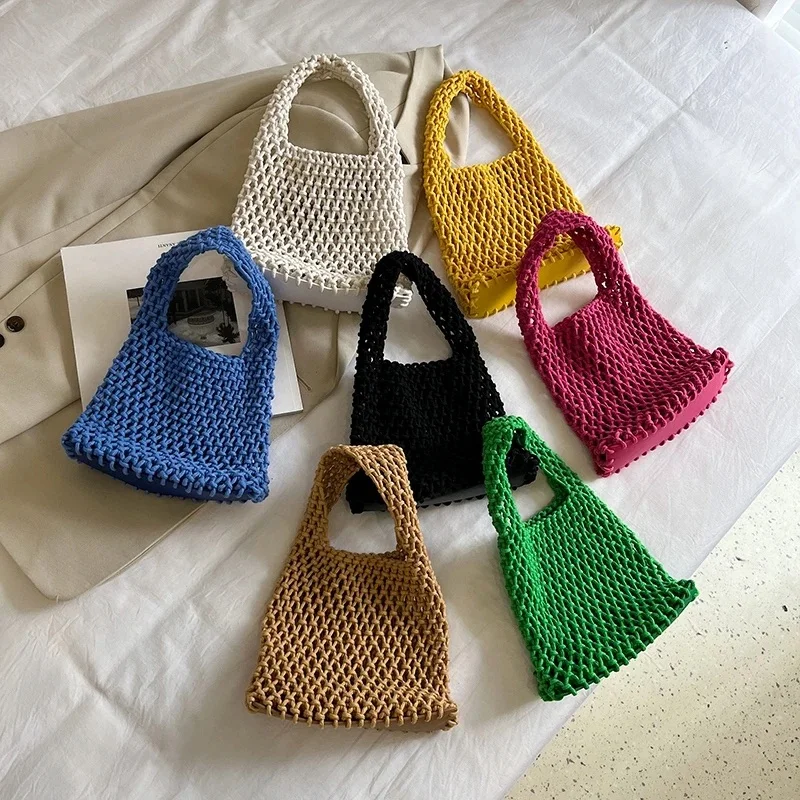 

Handwoven Cotton Rope Hollow out Summer 2024 oulder Beach Bag Women's Handbag Soft Polyester Buet ape Small Size