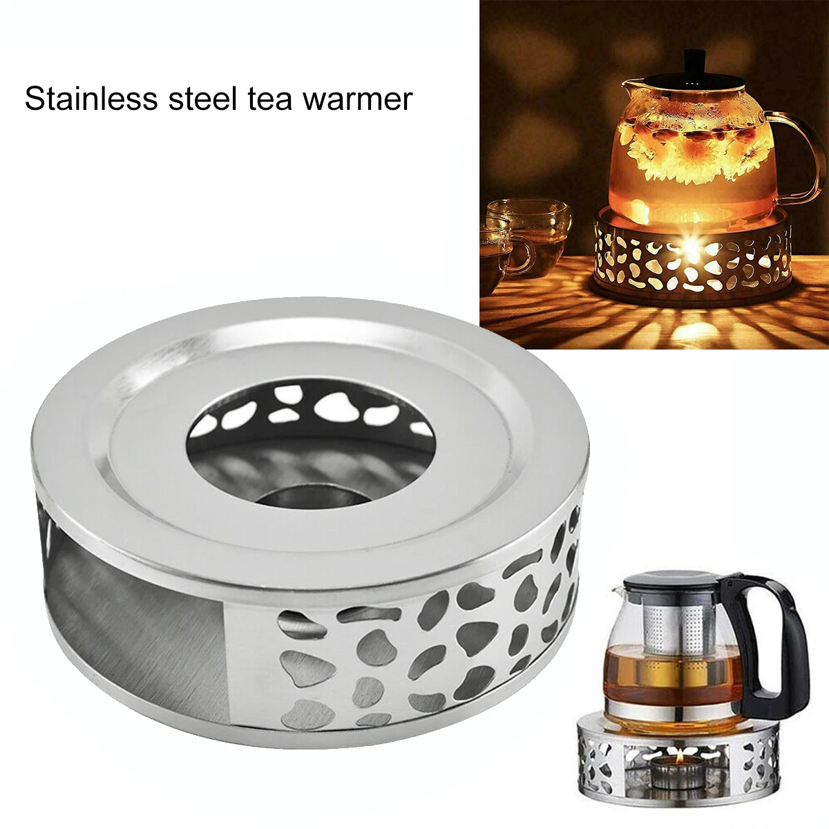 

2024 New 430 Stainless Steel Teapot Tea Warmer Hollow Design Coffee Pots Candle Base Stand for Glass Teapot Stove Milk Warmer