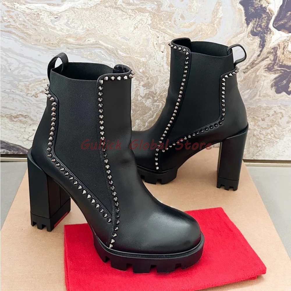 

2024 New Fashion Spring Leather Thick High Heel Breathable Retro Rivet Leather Boots Antiskid Ankle Shoes