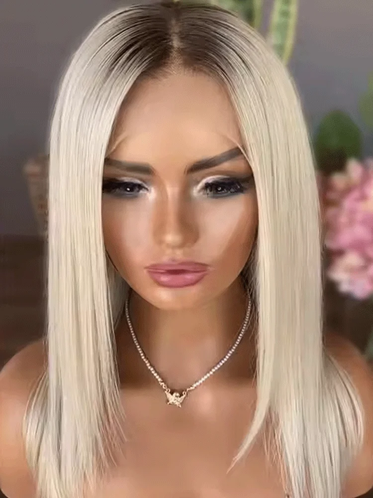 

Ombre Platinum Gold Short Bob Summer wig Synthetic Hair Swiss Lace Front Wig Dark Brown Roots Cosplay For Women Daily Party Use