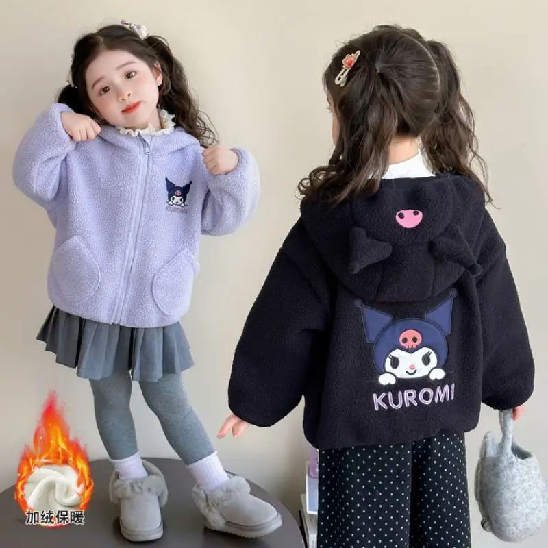 

Sanrios Kuromi Winter New Cute Girls' Velvet Jacket Plus Velvet Children's Polar Fleece Hooded Clothes Winter Clothes Outerwear
